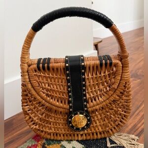 Michael Kors wicker and black leather purse handbag gold
